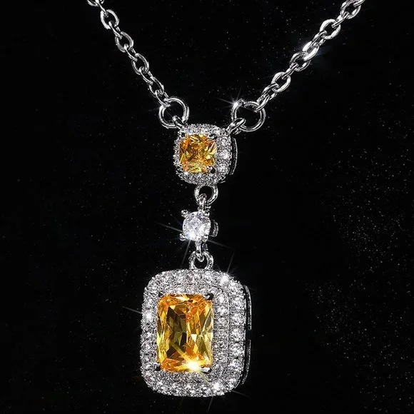 🌸Bling Double Royal Yellow Zircon Silver Plated Necklace for Women, UNVN12412 - Picture 1 of 7